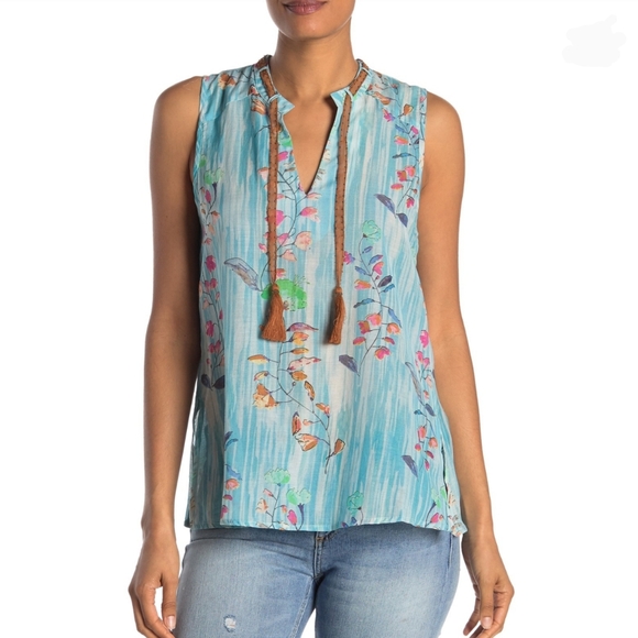 Aratta Sleeveless Top Neck Tie Closure Tassel Lightweight Floral Blue XL NWT - Picture 2 of 16